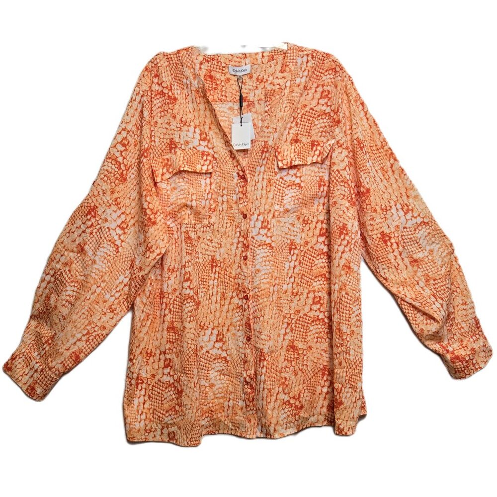 Calvin Klein Button Front, Roll Tab, Orange Print Blouse/Shirt. Women’s Size 3X